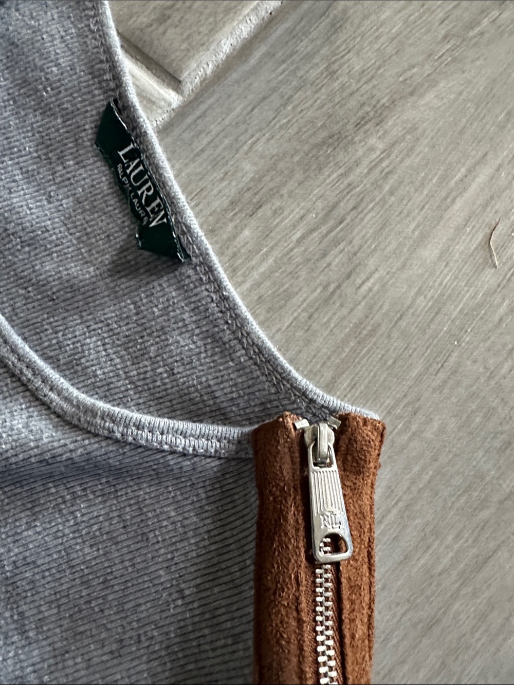 Lauren Ralph Lauren Gray Crewneck Sweater with Tan Shoulder Tabs - Picture 2 of 3